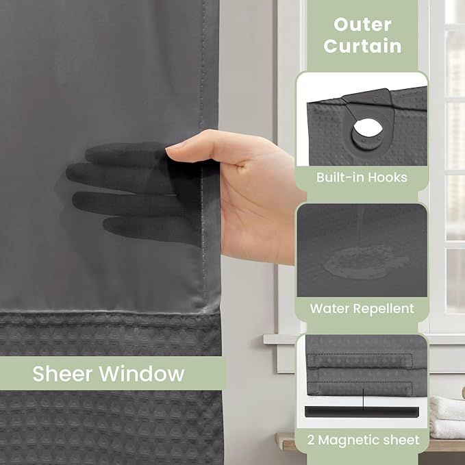 Inhousolu No Hook Shower Curtain with Snap in Fabric Liner Set Waffle Weave 230GSM Weighted Hem, Waterproof & Washable Bathroom Curtain Spa Luxury with Mesh Top Window 72" W x 72" L Graphite Grey