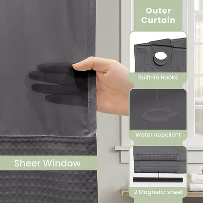 Inhousolu Extra Long No Hook Shower Curtain with Snap in Fabric Liner Set Waffle Weave 230GSM Weighted Hem, Waterproof & Washable Bathroom Curtain Spa with Mesh Top Window 72" W x 84" L Graphite Grey