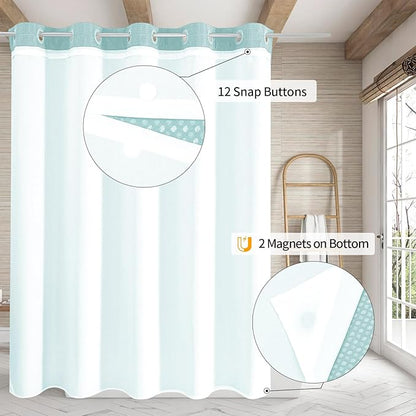 MitoVilla No Hooks Needed Turquoise Extra Long Shower Curtain Liner Set, Teal 86 inch XL Heavyweight Waffle Fabric Cloth Shower Curtains Set with Snap-in Liner for Modern Luxury Hotel Bathroom Decor