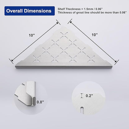 10" Corner Shower Shelf, 2-Pack Shower Shelves SUS304 Stainless Steel Bathroom Shelves for Tile Walls, Recessed Corner Shelf Organizer Rack, No Drilling (Brushed)