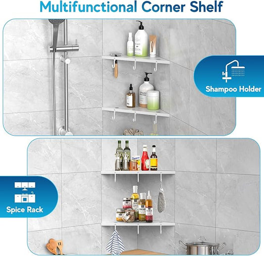Corner Shower Shelves, 10" White 304 Stainless Steel Recessed Shelf for Bathroom，Grout in Shelf with Hooks for Tiled Wall 2 Pack (White)