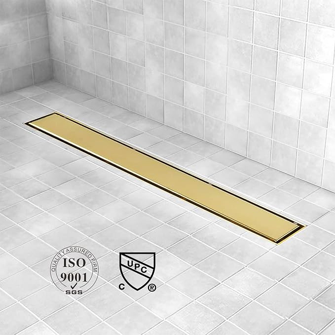 Linear Shower Drain, 28 inch Gold Drain with Tile Insert 2-in-1 Panel, Brushed 304 Stainless Steel Gold Shower Floor Drain, Linear Drain with Hair Strainer and Adjustable Feet