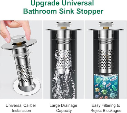 Bathroom Sink Drain Strainer,Universal Pop-Up Sink Stopper Hair Catcher, Stainless Steel Anti-Clog Drain Filter Basket, Removable Sink Drain for Bathroom Sink Stopper Replacement (Silver-4pcs)