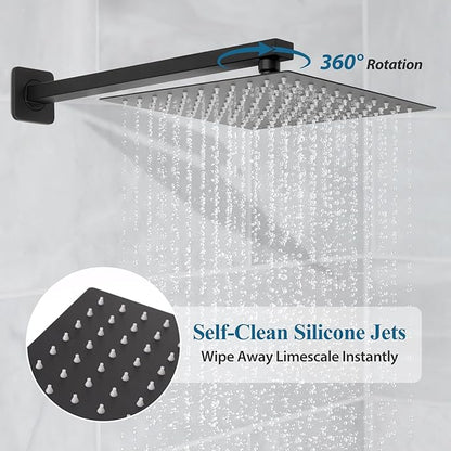10 inch Square Shower Head and Handheld Set, Gasecoet Shower System with Tub Spout Wall Mounted Shower Faucet for Bathroom - Matte Black (With Shower Valve)