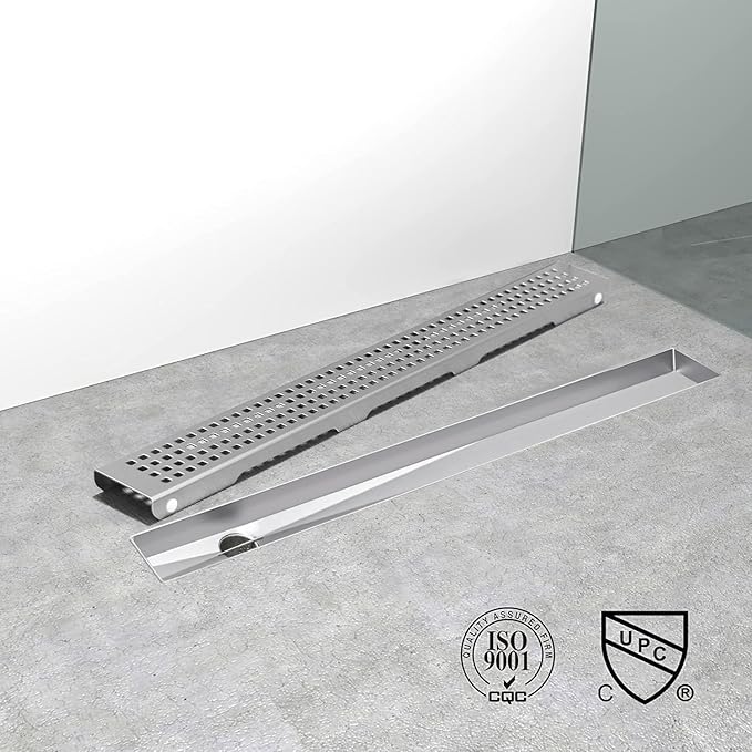 Offset Linear Shower Drain, Shower Drain 24 inch with Removable Grate Cover, Professional AISI 304 Stainless Steel Side Outlet Shower Floor Drain with Hair Catcher and Leveling Feet