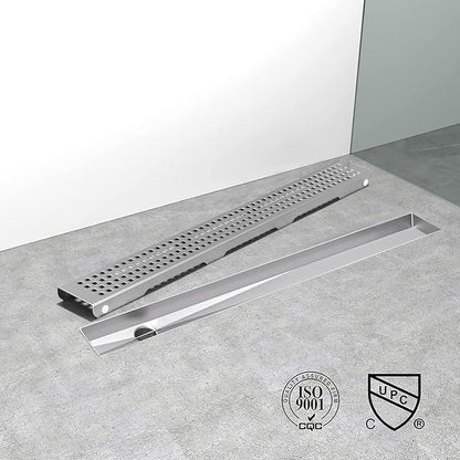 Offset Linear Shower Drain, Shower Drain 24 inch with Removable Grate Cover, Professional AISI 304 Stainless Steel Side Outlet Shower Floor Drain with Hair Catcher and Leveling Feet