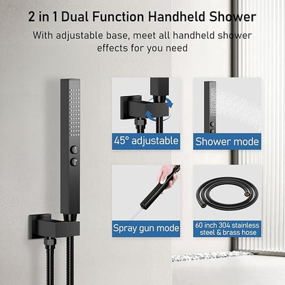 Shower Faucet Set Matte Black Shower System,12" Ceiling Rainfall and 6" Wall Mount Rain Shower with 2 in 1 Handhled, Can Use All at Once, Thermostatic Shower Set with Valve and Trim Kit