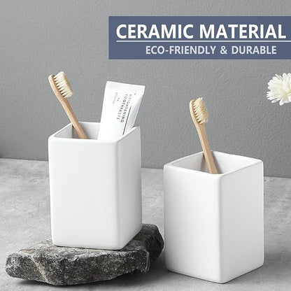 Toothbrush Holders for Bathrooms - 2 Cups Ceramic Square Toothbrush Toothpaste Holders Set, White Square Bathroom Tumbler Cups Reusable Toothbrush Mouthwash Cup, Bathroom Counter Organizer.