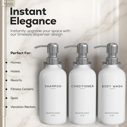 Luxury Shampoo and Conditioner Dispenser Set Wall Mounted by Brighter Barns - Refillable Shampoo Dispenser for Shower Wall - Shower Bottles 3 Chamber No Drill for Guest Bathroom, Airbnb, Hotel (White)