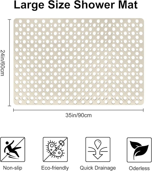 Anti Slip Shower Mat with Suction Cups,23.6x35.4 Inch Quick Drain TPE Non Slip Shower Mats for Inside Shower,Large Bath Mat for Shower Soft on Feet, Easy to Dry&Cut Machine Washable