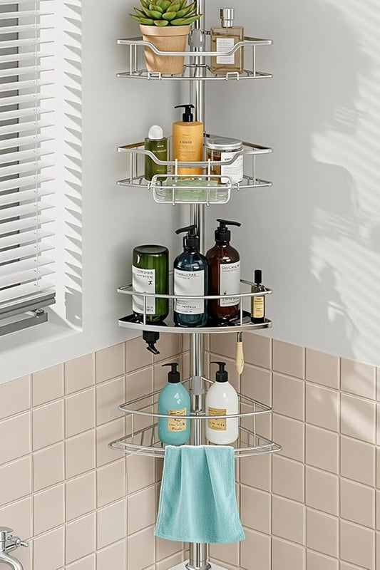 Corner Shower Caddy Tension Pole Rustproof, 4 Tier Adjustable Shower Organizer Tension Pole, 25-125 Inch Bathroom Shower Organizer for Bathtub Shampoo Storage, Silver