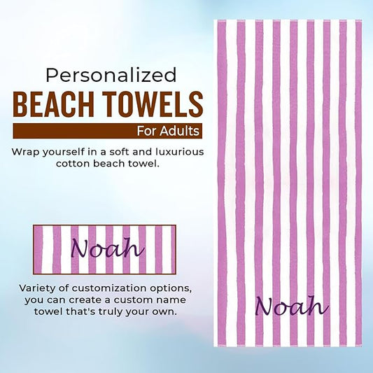 Personalized Passion Beach Towels for Adults - Custom Pool Towels with Name - Highly Absorbent Cotton - Striped Design for Women & Men - Large 70x30 Bath Sheet for Hotel, Swim & Camping - Lavender