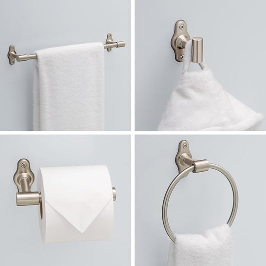 Franklin Brass Calloway 4-Piece Bathroom Set Satin Nickel 18" + 6" Towel Rack, Toilet Paper Holder, Hand Towel Holder, Hook | 4-Piece Bath Hardware Accessories Set CLWY64-SN