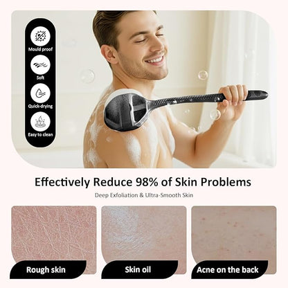 3PCS Extender Handle Set,17in Lengthen Detachable Long Handle Back Brush*1,Silicone Body Scrubber for Gentle Exfoliating and Massage Can Produce Rich Foam*2,Long Handle Back Scrubber for Men (Black)