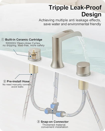 Brass Roman Bathtub Faucet Brushed Nickel, Waterfall High Flow Bath Tub Faucet Set 3 Hole with 2 Handle Deck Mount & Pre-Installed Supply Hoses for Farmhouse