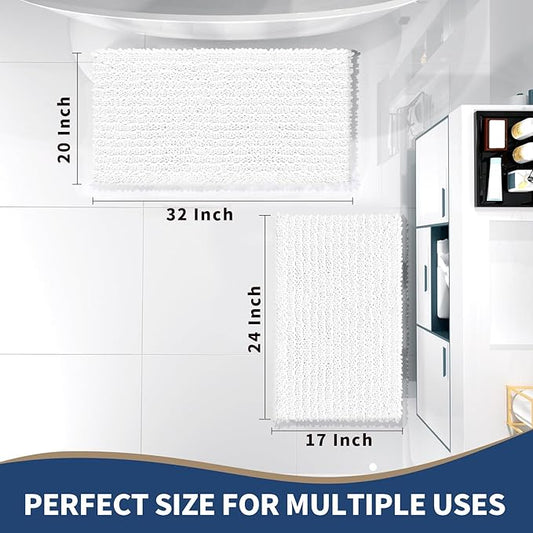 Yimobra Bathroom Rugs Sets 2 Piece - Quick Dry Extra Thick Luxury Chenille Bath Mat, Non Slip Super Absorbent for Tub Shower Sink, Machine Washable Shaggy Floor Mat, 32"x20"+24"x17" Inch, White