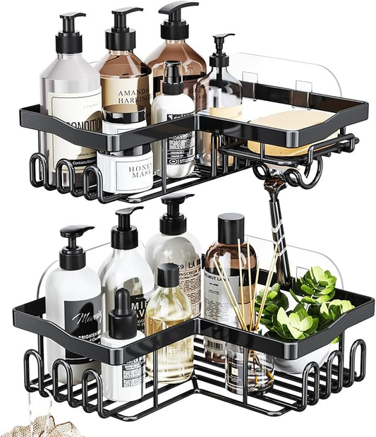 Corner Shower Caddy with Soap Holder, 2 Pack Stainless Steel Corner Shower Organizer with 11 Hooks, No Drilling & 6 Strong Adhesives Corner Shower Shelf Bathroom Organizer for Shower Room, Black