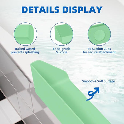 Splash Guard for Bathtub, 3.8" x 3.6" Silicone Bath Tub Splash Guard with 6 Suction Cups, Bathtub SplashGuard Play Shelf Area for Kids with 3°Drainage Slope for Faster Drying - Green