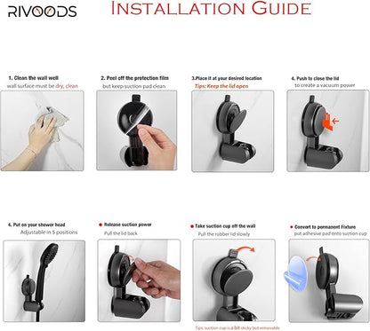 Suction Cup Hand held Shower Head Holder- Reusable - 5 Angles Adjustable - Bathroom Wall Mount Shower Wand Holder - Matte Black