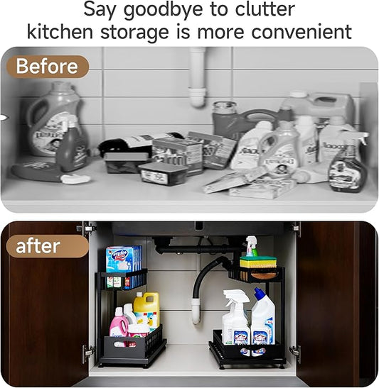 2 Pack Pull-Out Storage Basket Under Sink Organizers Under Sink Storage Racks For Kitchen Cabinet,Bathroom,Storage Box, Black