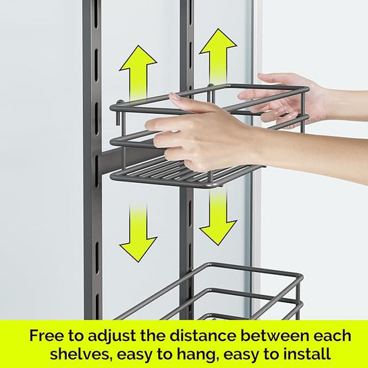 Orimade Over The Door Shower Caddy Adjustable 5 Tier Dark Grey,Bathroom Hanging Organizer Shelf Rustproof with 4 Hooks,Shower Basket with Soap Holder and Suction Cup