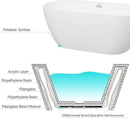 FerdY Bali 59" Acrylic Freestanding Bathtub,Gracefully Shaped Freestanding Soaking tub, Glossy White, cUPC Certified, Chrome Drain & Classic Slooted Overflow Assembly Included