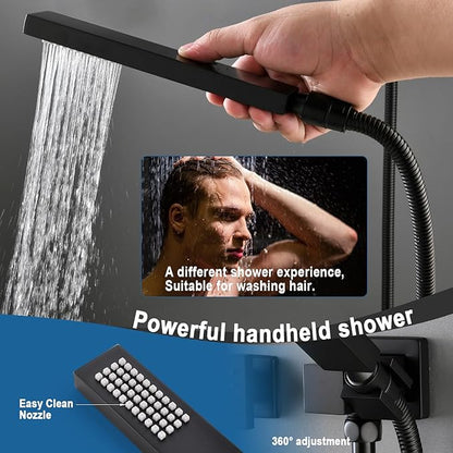 Enga 12 Inch Ceiling Mount Matte Black Shower System with Body Jets Bathroom Luxury Rain Mixer Shower Combo Set Ceiling Rainfall Shower Jets System Faucet Set