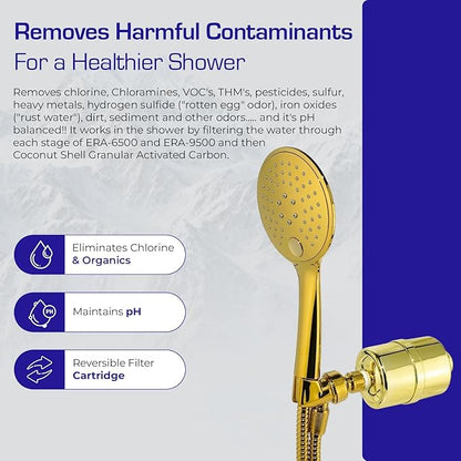 Crystal Quest Luxury Handheld Shower Power Filtration System - Gold - BPA Free | 1.25-2.5 GPM | Reversible Cartridge | Great for Dechlorination