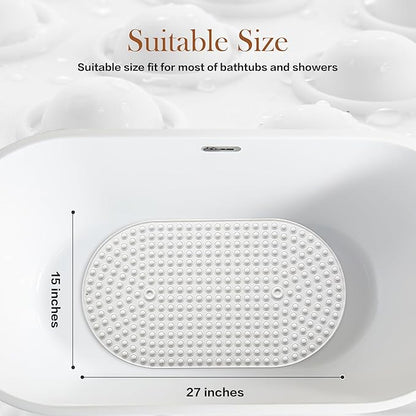 Silicone Bath Mat for Tub Non Slip, Bubble Massage Anti Slip Shower Mat with 27 x 15 Inches for Easy Storage, Washable Bathtub Floor Mats for All Ages, White, Oval