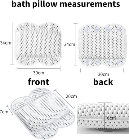 Bath Pillow Non Slip Spa Bathtub Head & Neck Rest Support, Headrest with Soft 4D Mesh Fabric, Permeable Quick Drying Air Mesh Tub Pillow with 8 Suction Cups, Soft & Relaxing, White