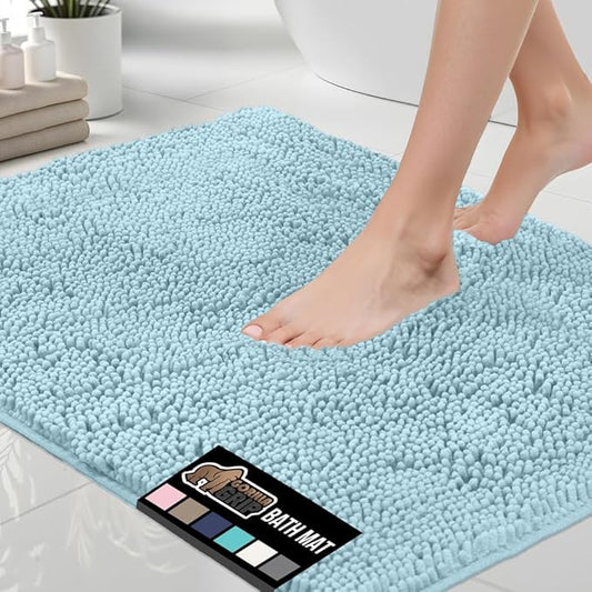 GORILLA GRIP Bath Rug Mat 30x20, Soft Absorbent Chenille, Quick Dry Microfiber Mats, Rubber Backing Washable Shower Floor Rugs, Bathmat Runner, US Designed Bathroom Home Decor Accessories Sky Blue