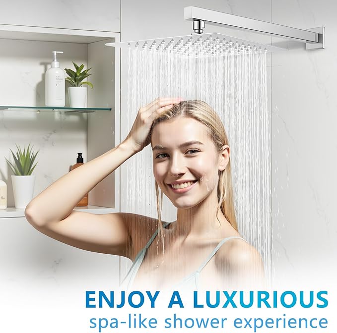 Square Rainfall Shower Head, High Pressure Flow with 304 Stainless Steel Made, Relaxed Shower Experience, Universal Ceiling or Wall Mount, 10inch Chrome