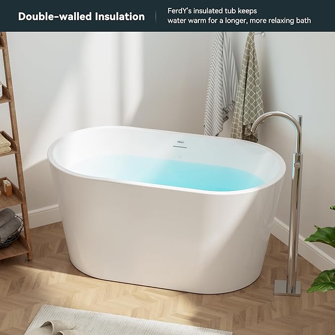 FerdY Shangri-La 47" Acrylic Freestanding Bathtub with Headrest, Small Classic Oval Shape Acrylic Soaking Bathtub with Polished Gold Drain & Overflow& Bath Pillow, cUPC Certified