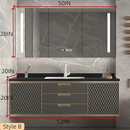 52IN Modern Bathroom Vanity - Wall-Mounted Bathroom Cabinet with LED Light | Intelligent Defogging Mirror Cabinet Includes Time Display Function, 2 Drawers & 2 Storage Cabinets (Style B)