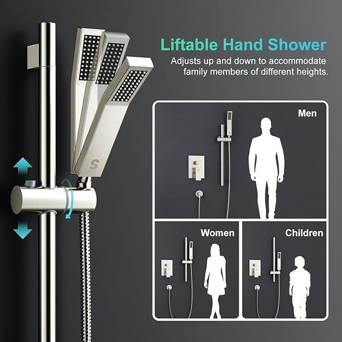 SR SUN RISE Shower System with 10" Rain Showerhead, Square Handheld Showerwith 16-Inch Slide Bar and 71-Inch Hose, Wall Mounted Shower Faucet Set Included Valve and Trim Kit, Brushed Nickel