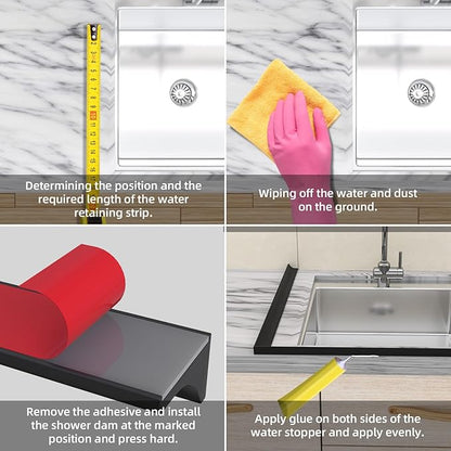 67Inch Collapsible Shower Threshold Water Dam Barrier, Self Adhesive Silicone Waterproof Shower Barrier Water Strip Dam for The Gap Between the Shower Kitchen Countertop Sink and Cooktop