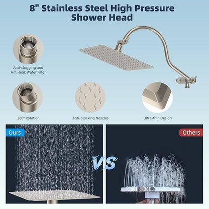 Hibbent All Metal CUPC Certified Shower Head, 8'' High Pressure Rainfall Shower Head, Handheld Showerhead Combo, 12'' Adjustable Extension Arm, 10 Sprays, 71'' Hose, Showerhead Holder, Brushed Nickel