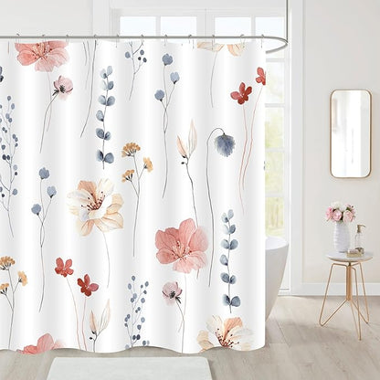 Gibelle Watercolor Floral Shower Curtain, Coral Beige Flower Shower Curtain for Bathroom, Modern Minimalist White Waterproof Fabric Shower Curtain Set 72x72 Inch