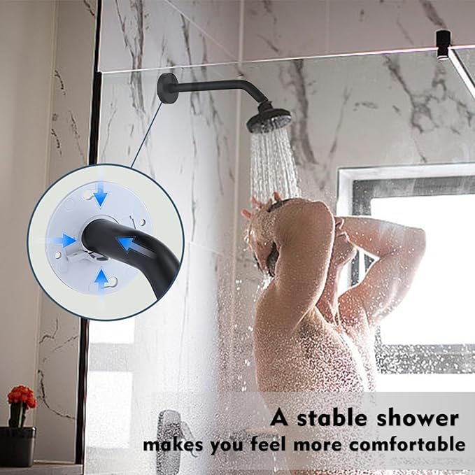 10 Inch Shower Arm with Flange and Stabilizer Bracket, Wall Mounted Shower Pipe Arm 304 Stainless Steel For Fixed Shower Head & Handheld Showerhead, Matte Black