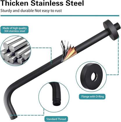 12 Inch Shower Arm with Flange,Stainless Steel 90 Degree Rain Shower Head Extension Arm,Wall-Mounted Shower Head Arm for Fixed Shower Head,Matte Black