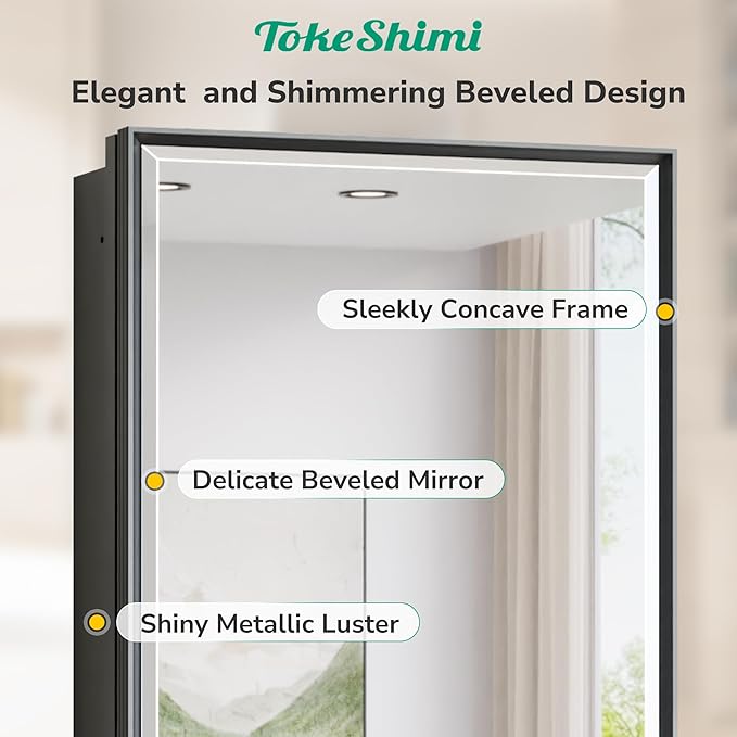 TokeShimi 12x36 Recessed Medicine Cabinet with Mirror Surface Mount, Aluminum Framed Metal Black Medicine Cabinet Mirrored, Bathroom Beveled Mirror with Storage Adjustable