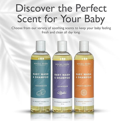 SoCal Suds & Company Organic Baby Shampoo and Body Wash - 2-in-1 Castile Soap, Hypoallergenic, Sensitive Skin, Natural Soap, Toddler Shampoo, Infant, Newborn, Kids Body Wash - 12oz Fragrance Free 2Pk
