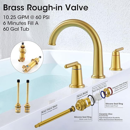 Brushed Gold Roman Bathtub Faucet, 2-Handle High Flow Tub Filler with Valve Widespread Deck Mount Bath Tub Faucet Set Classic High Arch WT-9807BG02