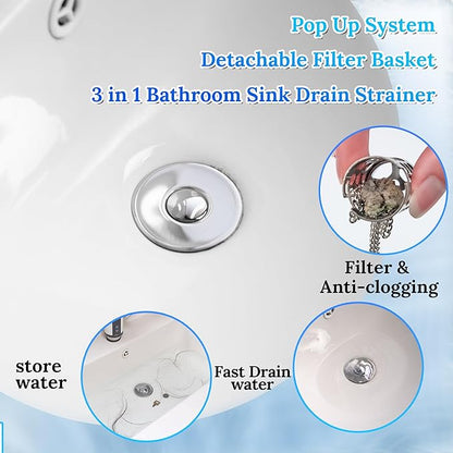 3 in 1 Bathroom Sink Drain Strainer,Universal Pop Up Bathroom Sink Stopper Hair Catcher,with Filter Basket Sealing Ring for Anti-Clogging Odor-Proof,Easy Install Drain Catcher for 1.06”~1.61” Hole