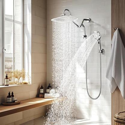 G-Promise 14 Inches Shower Heads with Massage Mode Handheld Sprayer Combo, 3 Way Metal Extended Diverter and Metal Adjustable Extension Arm, Stainless Steel Hose