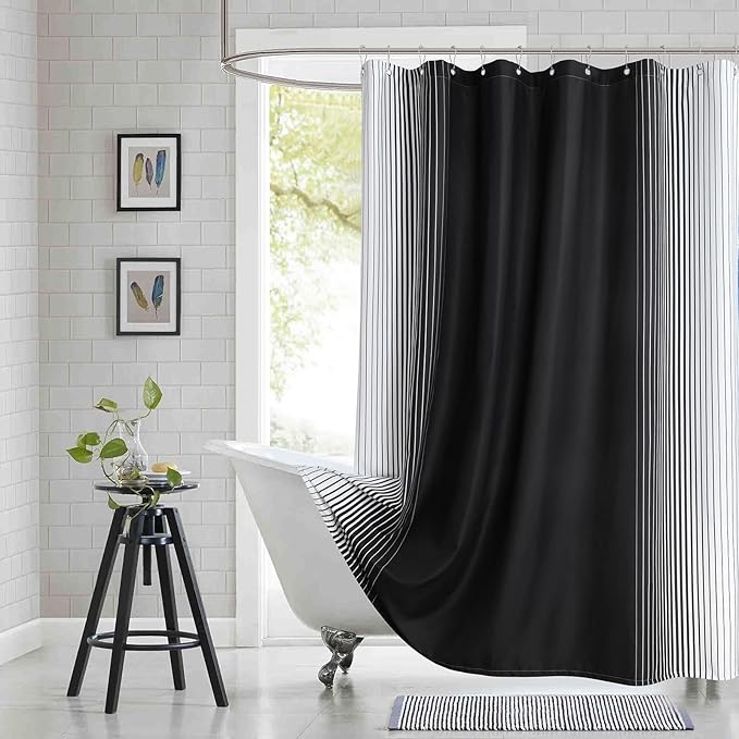 Black Shower Curtain, Modern Black and White Gradient Vertical Stripe Waterproof Polyester Shower Curtains for Bathroom, 72x72 Inches