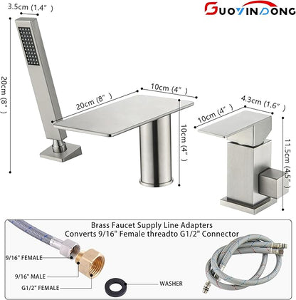 Waterfall Roman Tub Faucet with Sprayer, Deck Mount Tub Faucet Single Handle 3 hole Roman Tub Faucet High Flow Bathtub Faucet Set, Brushed Nickel
