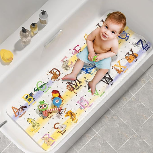 AmazerBath Baby Bath Mat Non Slip, Cartoon Kids Bath Mat for Tub 40 x 16 Inches Full Size Shower Stall Mats - Alphabets & Animals