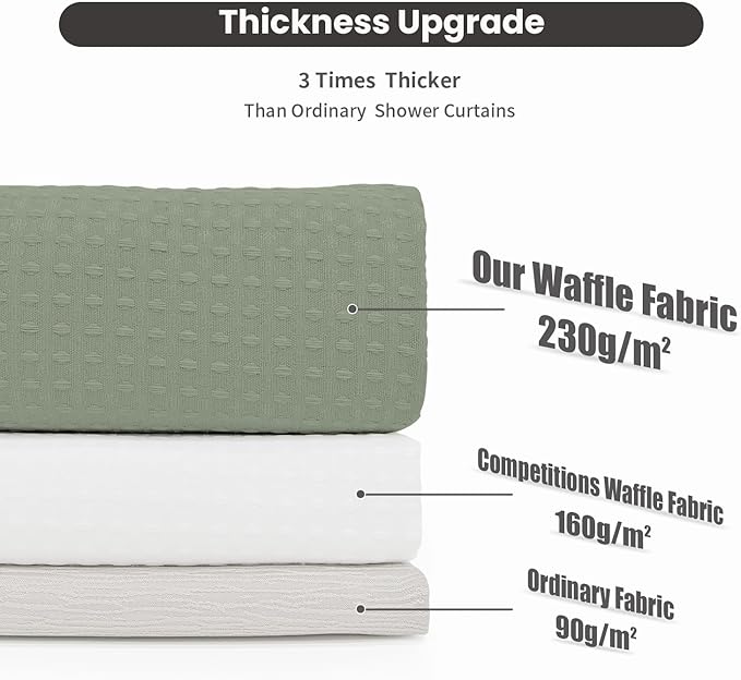 Inhousolu Stall No Hook Shower Curtain with Snap in Fabric Liner Set Waffle Weave 230GSM Weighted Hem, Waterproof & Washable Bathroom Curtain Spa Luxury with Mesh Top Window 60" W x 72" L Sage Green