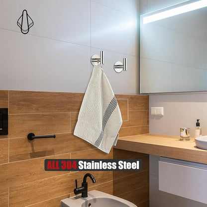 JQK Self Adhesive Towel Hook Brushed, No Drill Stick on Coat Robe Clothes Wall Hook for Bathroom Kitchen Garage 4 Pack, 304 Stainless Steel Brushed Steel, ATH110-BN-P4